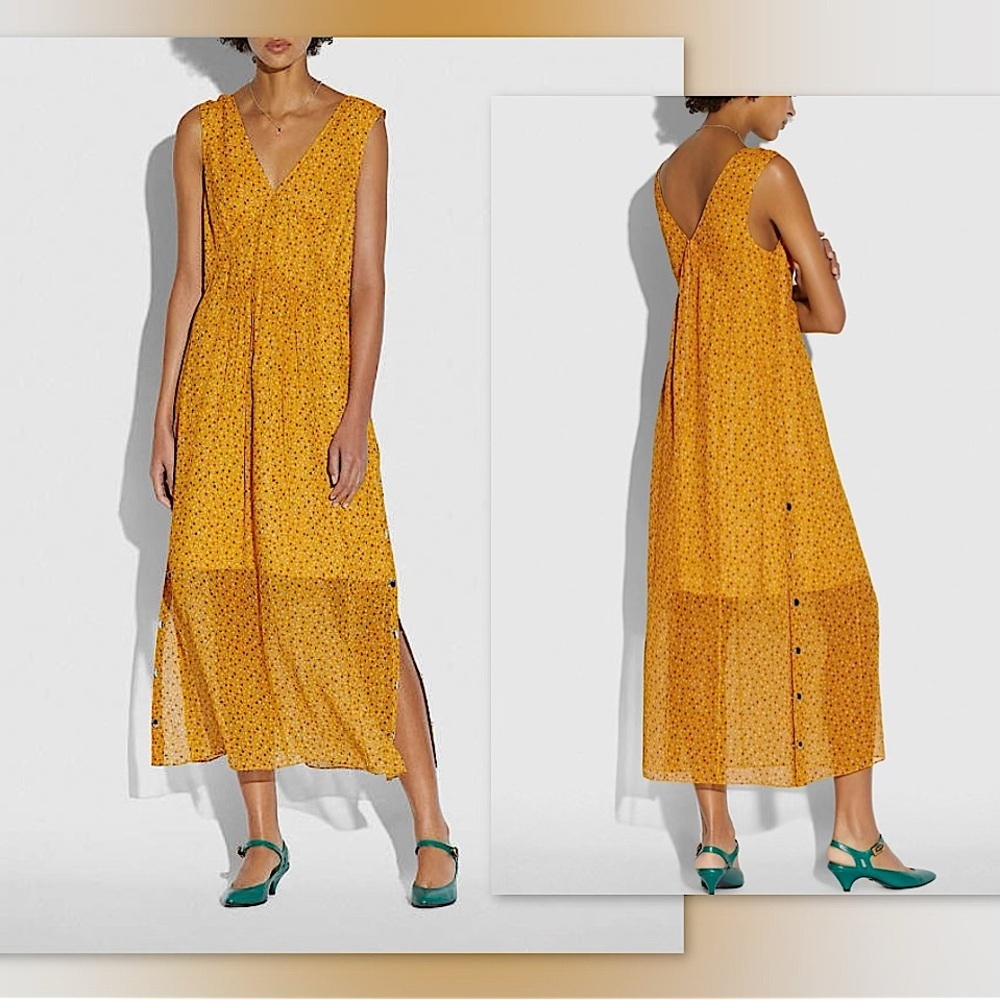✨Coach Sleeveless Silk Dot Print V Neck Dress in Yellow & Multi Dots, 8 NWT✨